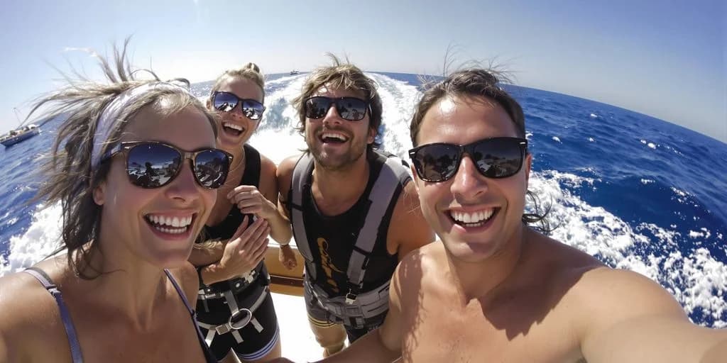 People on boat at Cabo Excursions Real Reviews: What You Need to Know smiling, with ocean wake