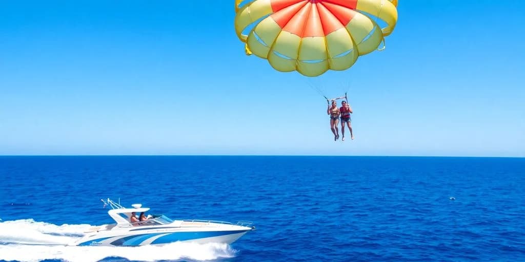 Parasailing couple at Cabo Excursions Unfiltered: What You Need to Know over blue ocean, boat below