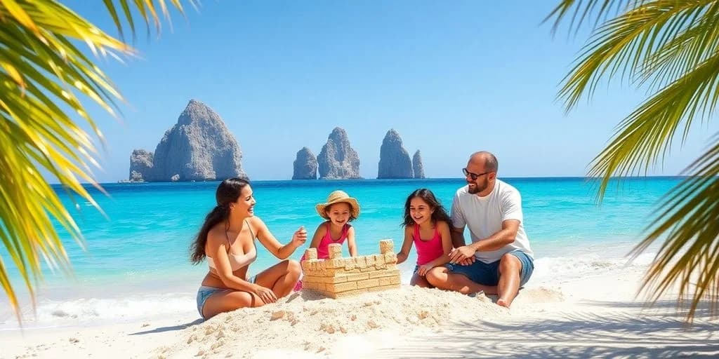 Family on beach 1 at Cabo Family Trip 2026: What You Need to Know building sandcastle, with ocean beyond