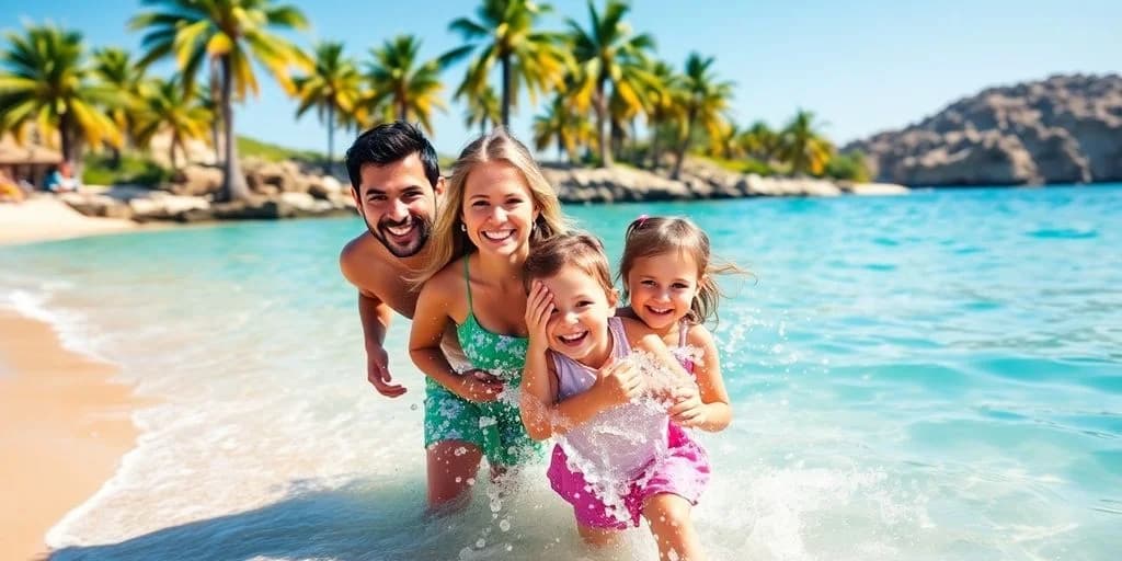 Family in ocean at Cabo Family Trip Ranked: What You Need to Know with palm trees in background
