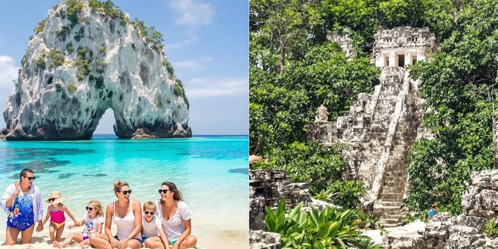 Split image at Cabo Family Trip Vs Tulum: What You Need to Know beach and ocean, lush foliage