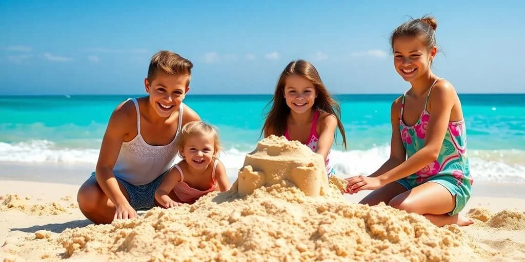 Children on beach at Cabo Family Trip With Kids: What You Need to Know building sandcastle, with ocean beyond