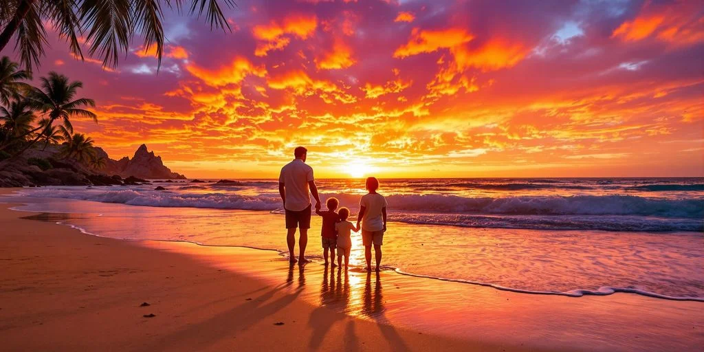 Family on beach 4 at Cabo Family Trip You'll Regret Missing: What You Need to Know at sunset, viewed from behind