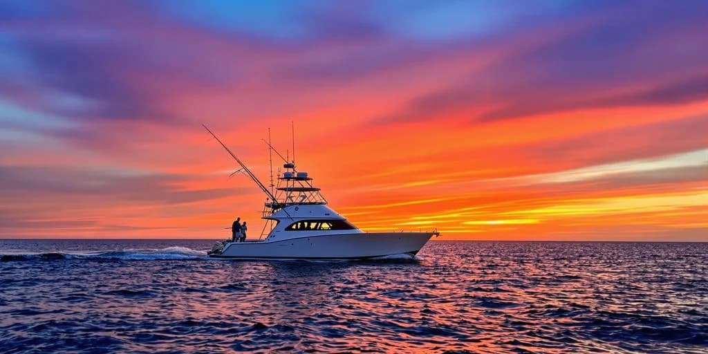 Luxury yacht at Cabo Fishing Charters With Breakfast, Gear & Beer Included at sunset, vibrant orange sky