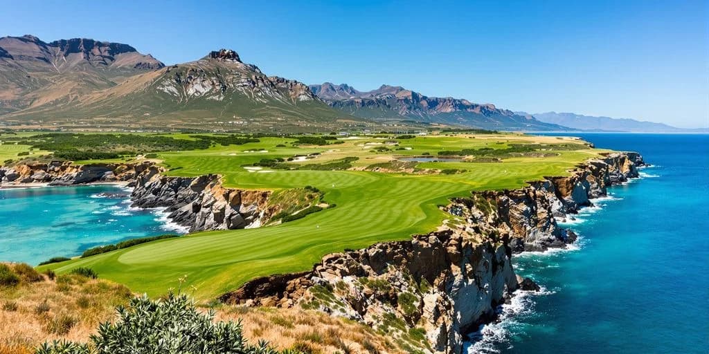 Golf course at Cabo Golf Courses Designed by Jack Nicklaus & Tiger Woods with mountains, clear blue sky