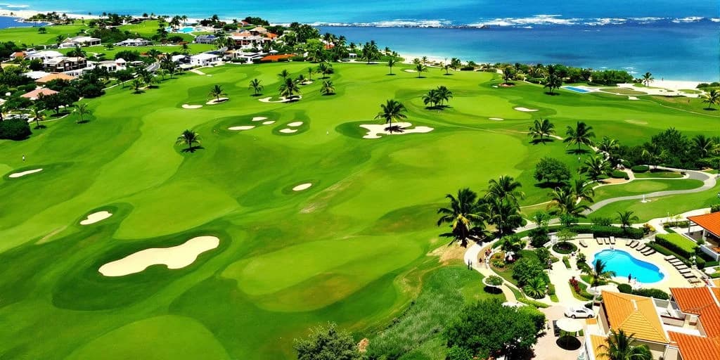 Golf course aerial at Cabo Golf Packages: 5 Rounds + Villa Stays Under $2,000 with ocean and coastal homes