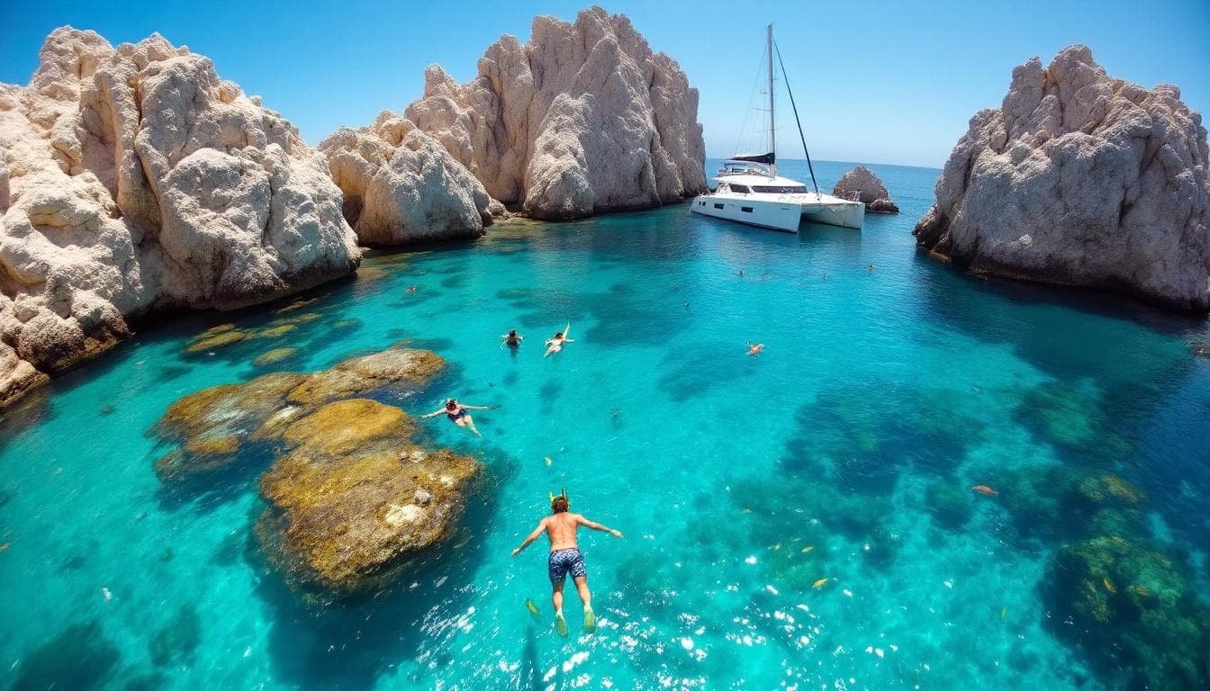People snorkeling at Beyond the Brochure: Crafting Unforgettable Cabo Adventures for Your Crew in clear water, rock