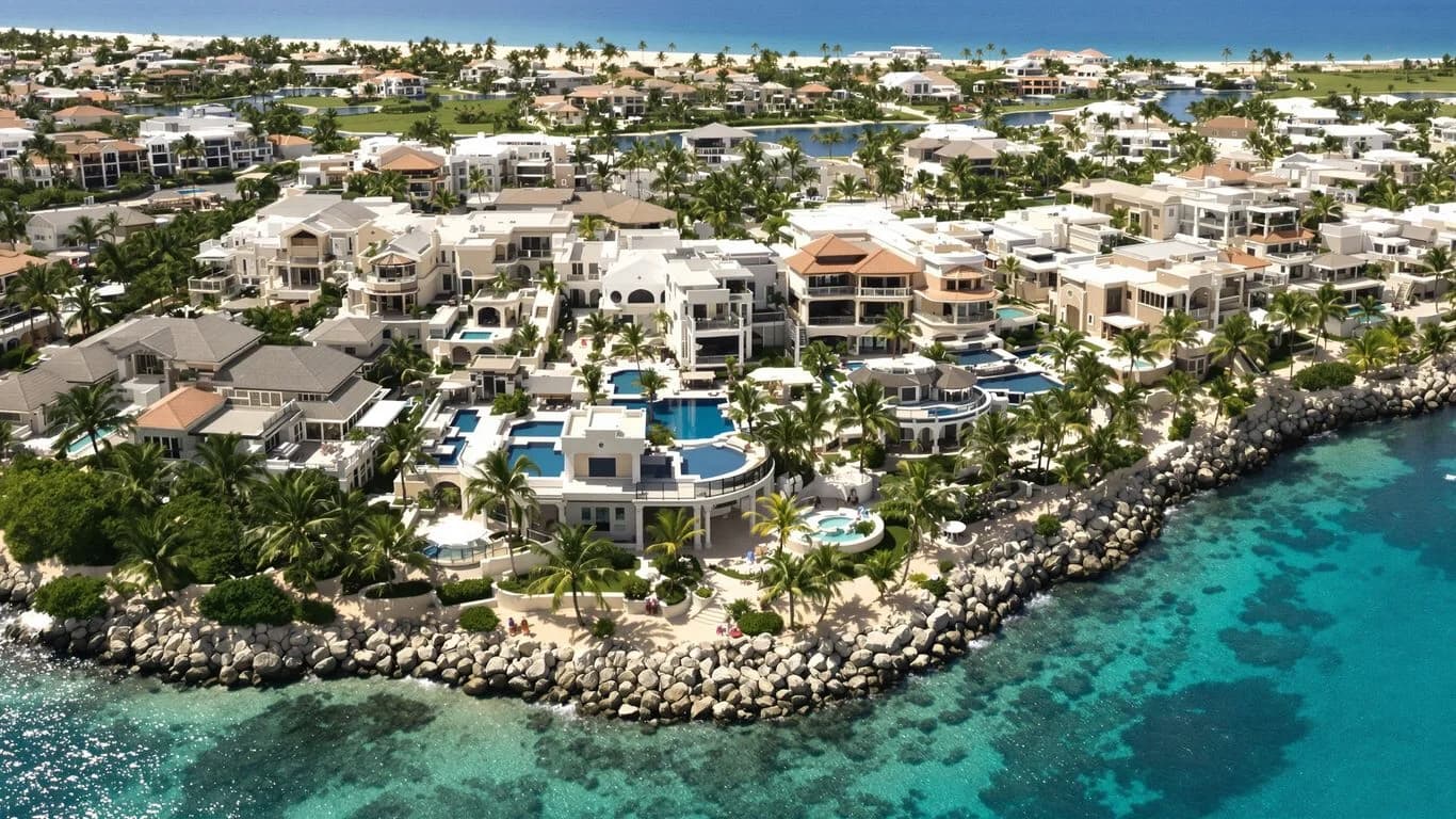 Coastal resort aerial at Cabo Group Rentals That Sleep 100+ People in Multiple Villas with multiple pools, oceanfront