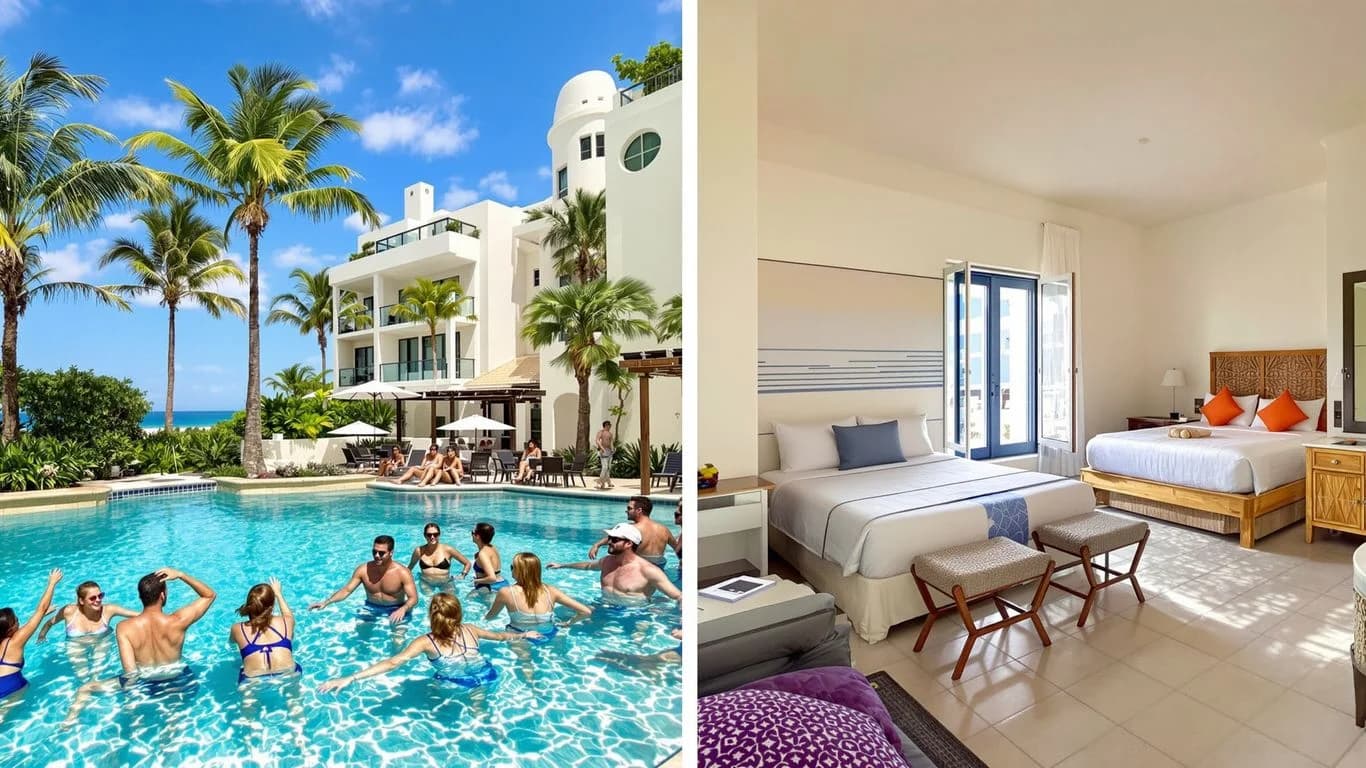 Resort pool bedroom at Cabo Group Rentals vs Everyone Booking Separate Hotel Rooms people swimming, modern bedroom interior