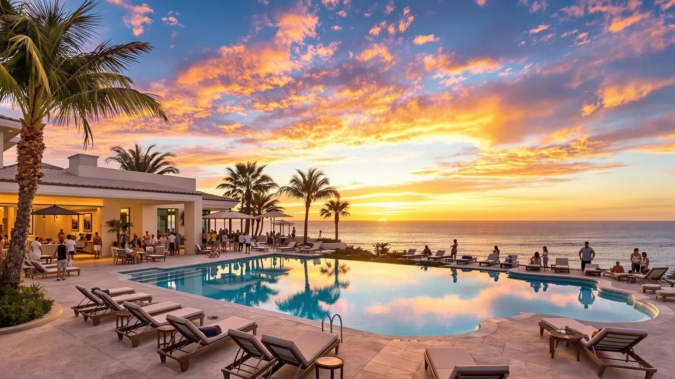 Infinity pool at Cabo Group Villas for 50+ People Under $500 Per Person/Night at sunset, with palm trees