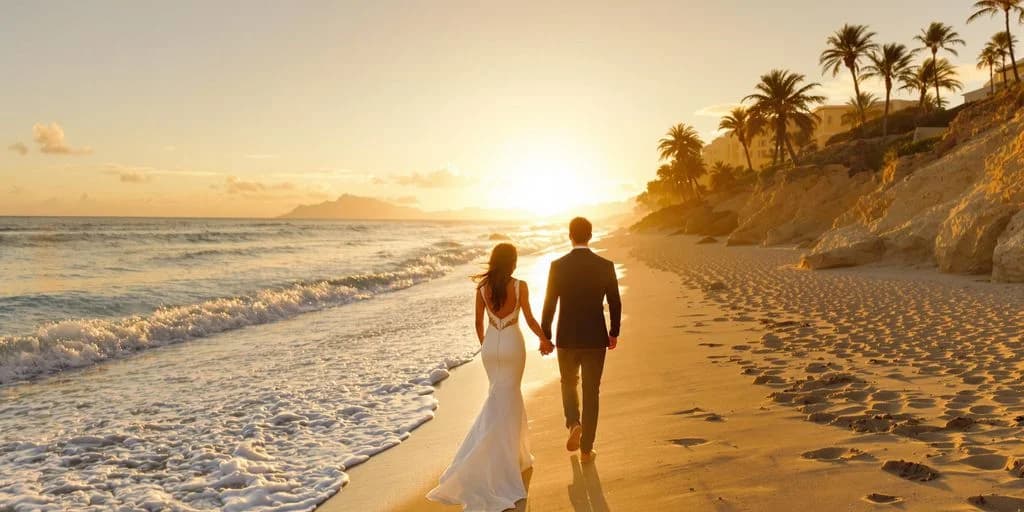 Couple on beach at Cabo Honeymoon Cheap And Fun: What You Need to Know walking at sunset, holding hands