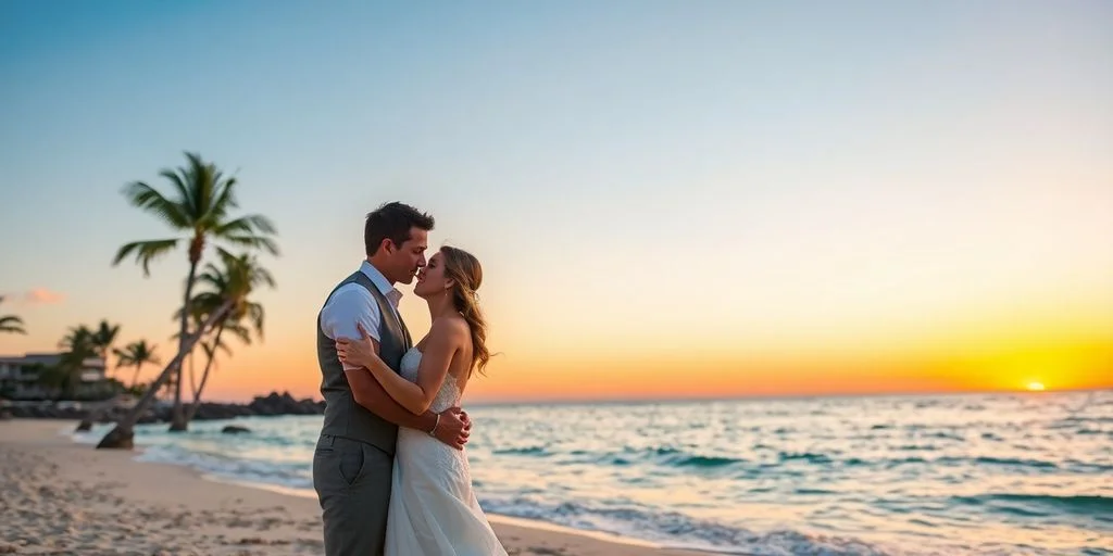 Couple on beach at Cabo Honeymoon First-Timers: What You Need to Know kissing at sunset, ocean background