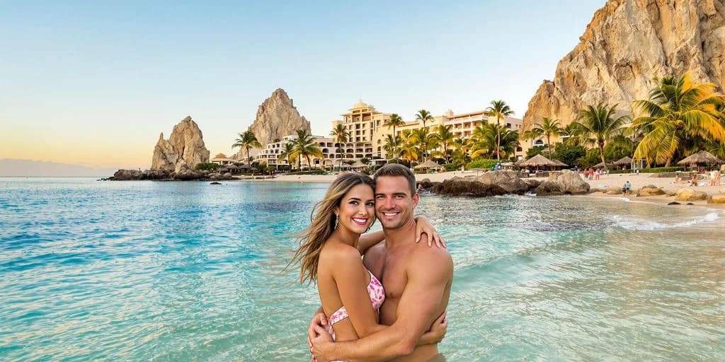 Couple in water at Cabo Honeymoon Hidden Gems: What You Need to Know smiling, resort and mountain background