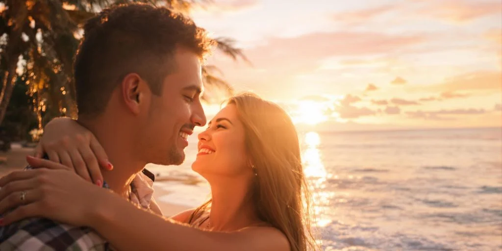 Couple close up at Cabo Honeymoon Locals Recommend: What You Need to Know smiling at sunset, beach background