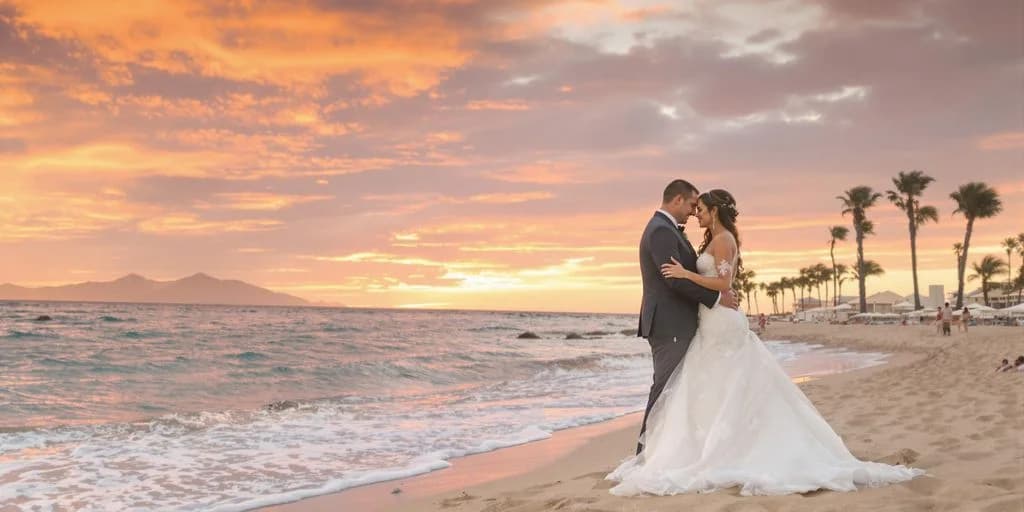 Couple on beach at Cabo Honeymoon Near Downtown: What You Need to Know at sunset, orange sky, ocean waves
