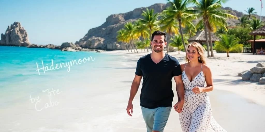 Man on beach at Cabo Honeymoon On A Budget: What You Need to Know palm trees, mountains, blue sky