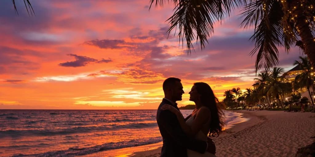 Couple on beach at Cabo Honeymoon Ranked: What You Need to Know silhouetted at sunset, palm frond
