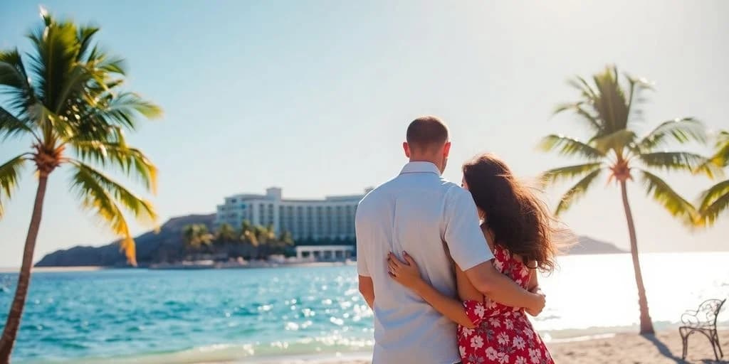 Couple on beach at Cabo Honeymoon Worth The Money: What You Need to Know back view, looking at building