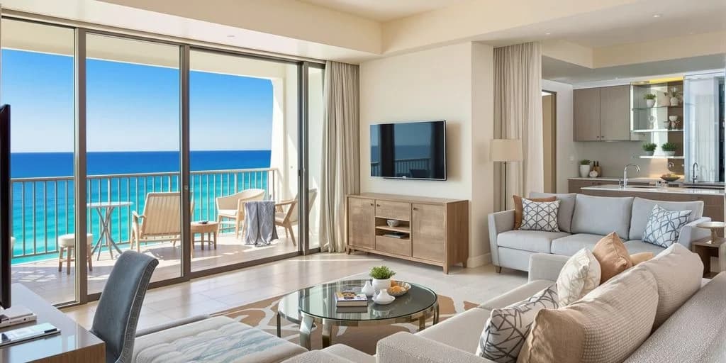 Living room at Cabo Hotel Suites Bigger Than NYC Apartments for $500/Night ocean view balcony, television