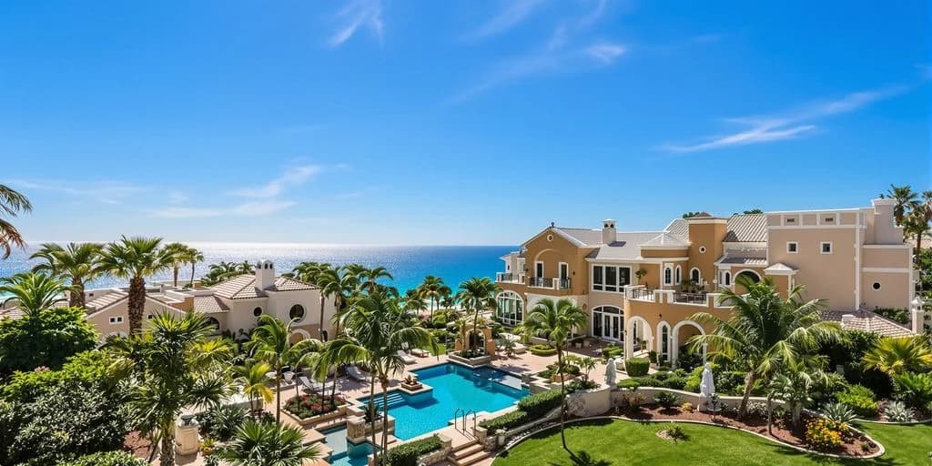 Luxury villa at Cabo Investment Properties With 15%+ Annual Returns large pool, ocean beyond, palm trees