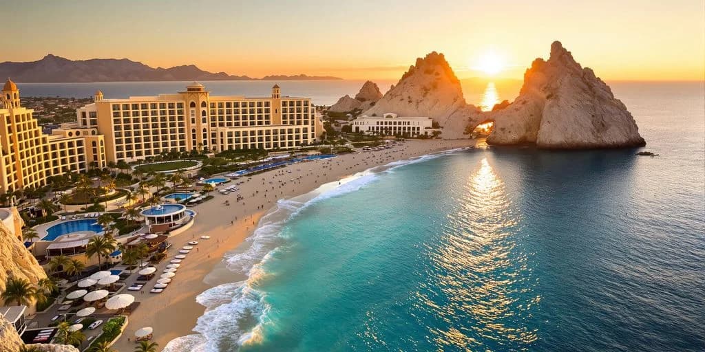 Beachfront resort at Cabo Luxury Hotels With Private Beach Access Under $600/Night at sunset, rock formations, ocean