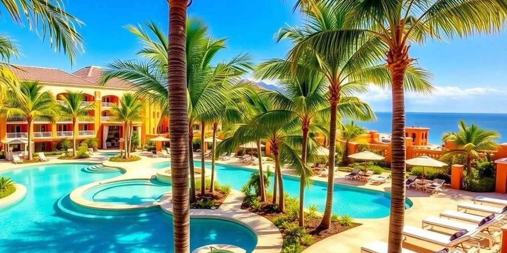 Resort swimming pool 1 at Cabo ME Resort: Experience the Difference! surrounded by palm trees, sunny day