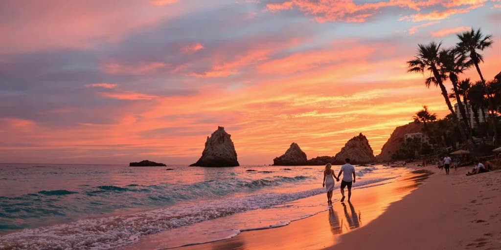 Beach sunset at Cabo Mexico For Couples: What You Need to Know couple walking, dramatic sky