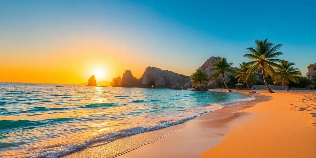 Beach sunrise at Cabo México: ¡La guía de viaje definitiva! with rocky formations, palm trees