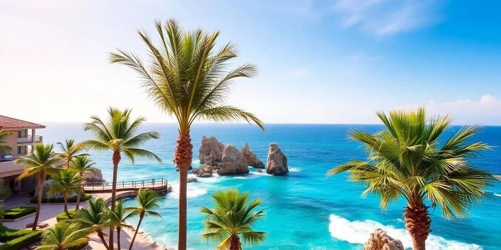 Ocean view at Cabo Mexico Resorts: Grab Exclusive Deals Today! with palm trees, rocky formations