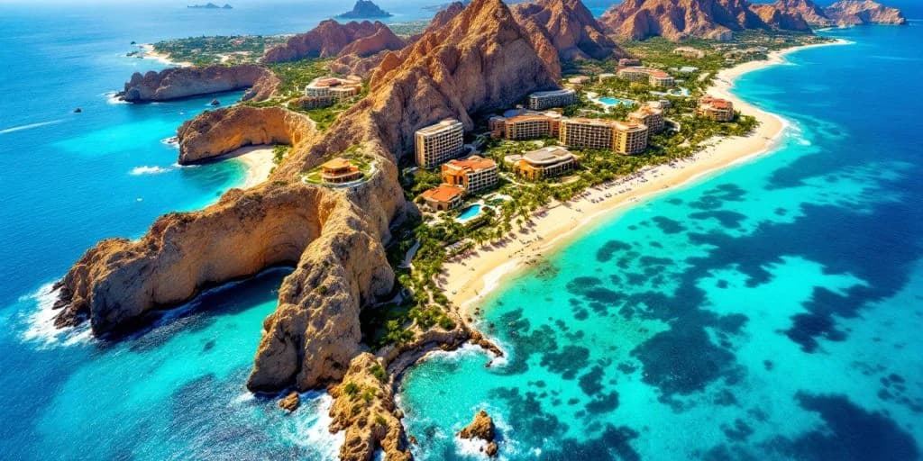 Coastal resort aerial at Cabo Mexico Resorts That Will Exceed Your Expectations with mountains, turquoise water