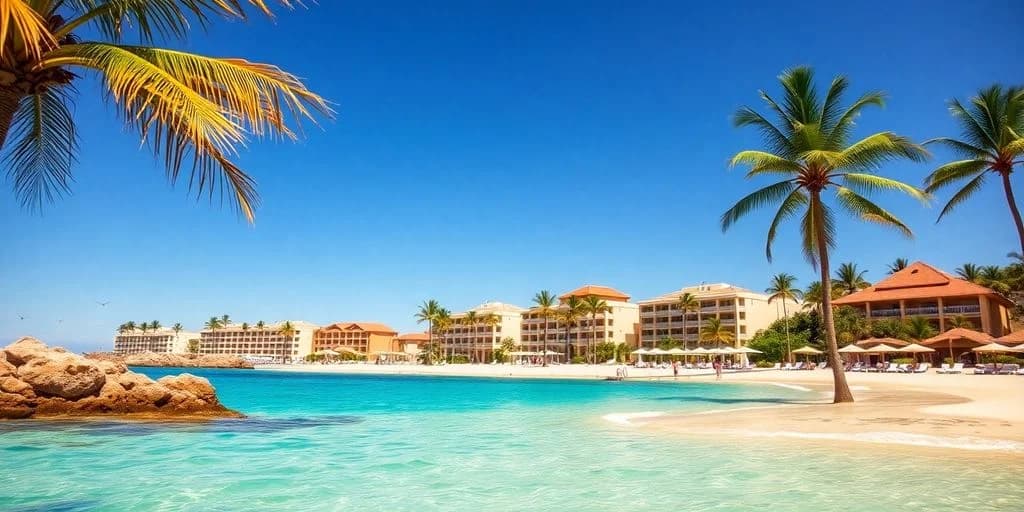Beach resort at Cabo México Todo Incluido: ¡Aprovecha lo Mejor Ahora! with palm trees and turquoise water