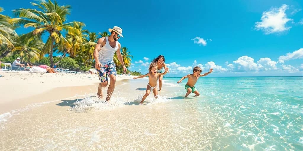 Family on beach at Cabo Mexico With Kids: What You Need to Know playing in shallow ocean water