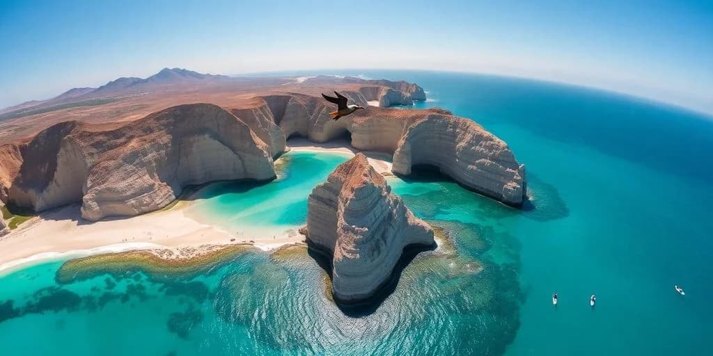 Coastal cliffs aerial at Cabo MX Adventures You Can't Afford to Miss! with turquoise coves and flying bird