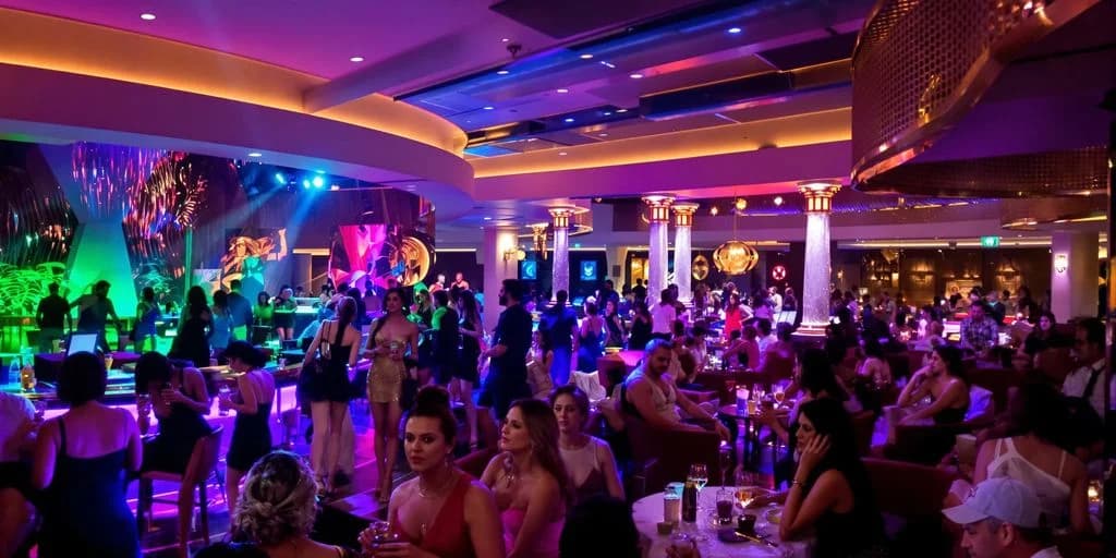 Nightclub interior at Cabo Nightclub Packages Starting at $200 Per Person (VIP Access) people socializing under colorful