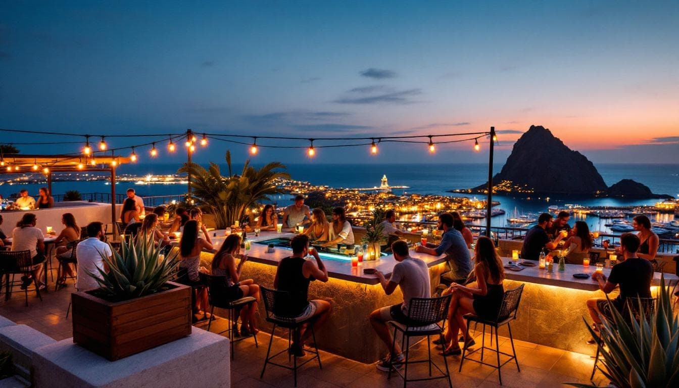 Rooftop bar at The Unfiltered Guide to Cabo Nightlife: From Sunset Sips to Dawn's First Light people at dusk with city lights