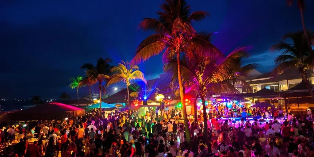 Beach party at Cabo Nightlife Guide: What You Need to Know large crowd under palm trees at night