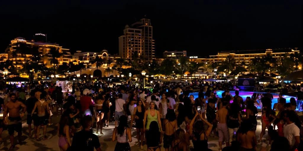 Outdoor party at Cabo Nightlife That Goes Until 4 AM (Unlike Resort Curfews) at night, with tall building