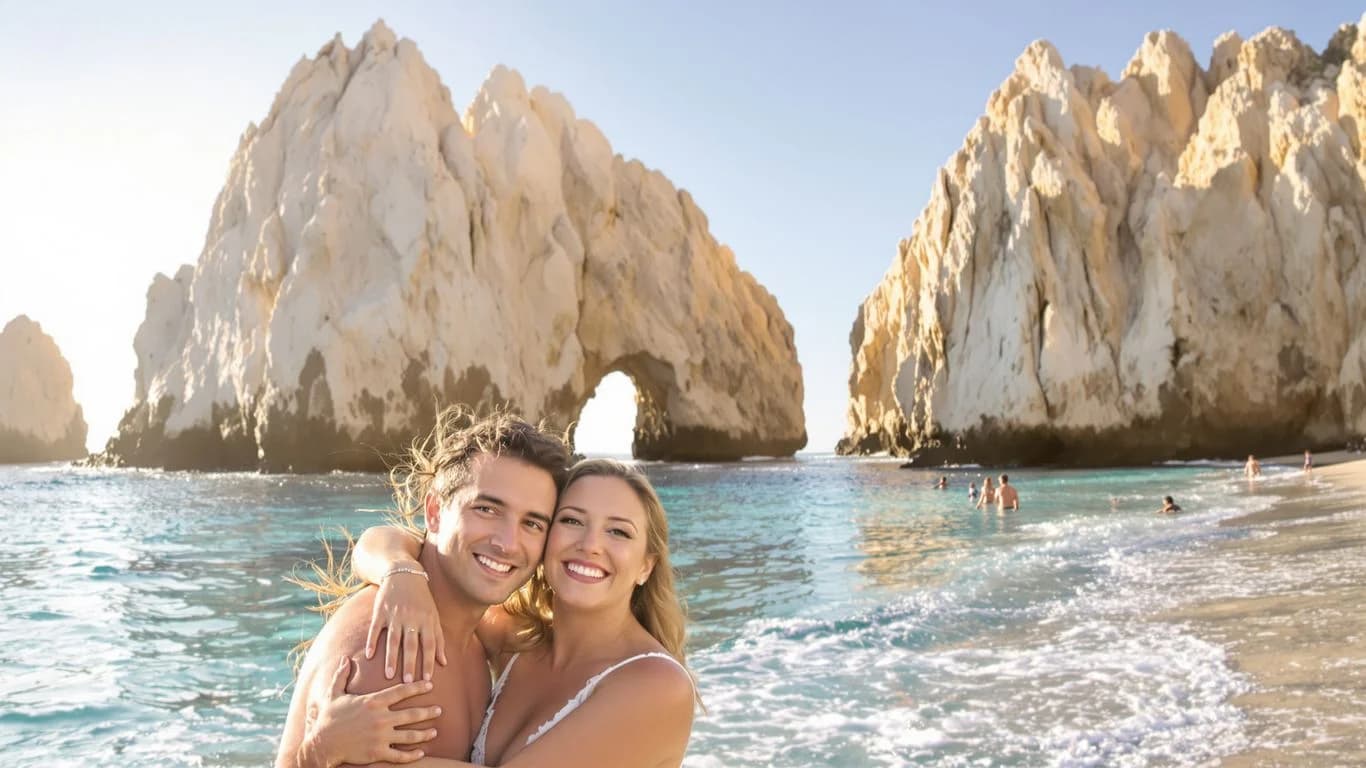 Couple portrait at Cabo Photography Packages: Engagement + Wedding $3,500 Total with ocean arch rock formation