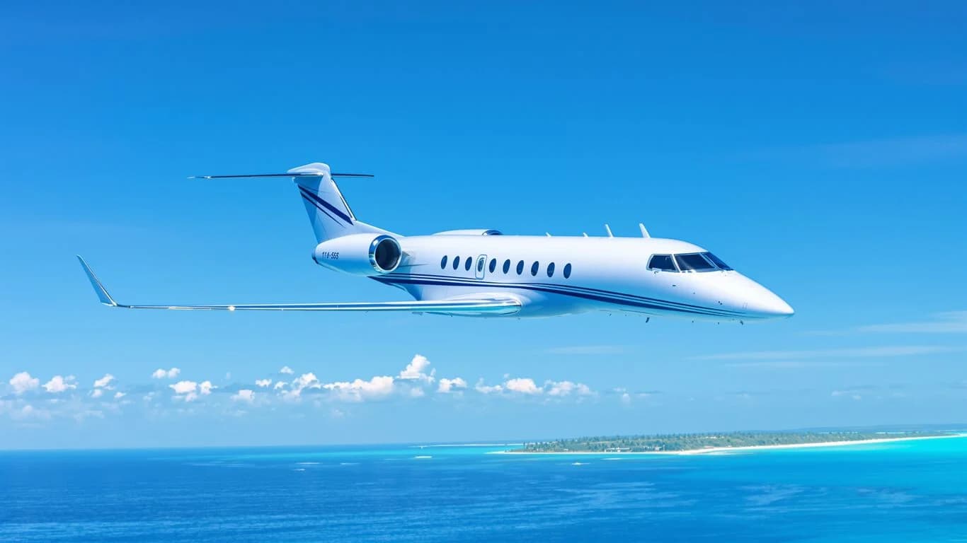 Private jet at Cabo Private Jet Charters: 2-Hour Flight vs 8-Hour Commercial flying over tropical ocean, island