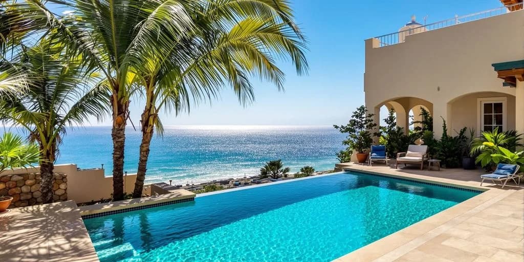 Infinity pool at Cabo Real Estate: Monthly Rental Income vs US Property Comparison with ocean view, palm tree