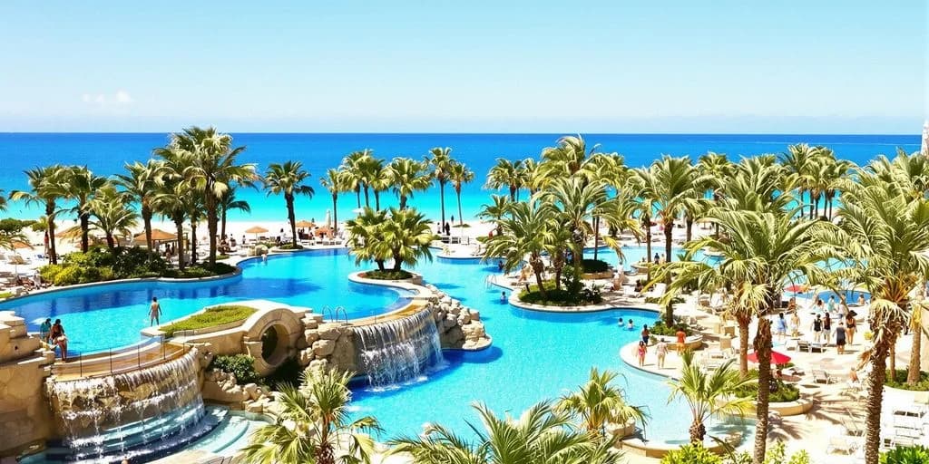 Resort pool at Cabo Resort First-Timers: What You Need to Know with waterfalls, palm trees, ocean beyond