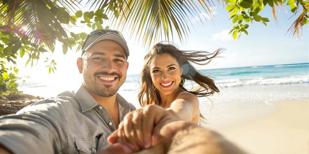Couple selfie at Cabo Resort For Couples: What You Need to Know on beach, under palm frond