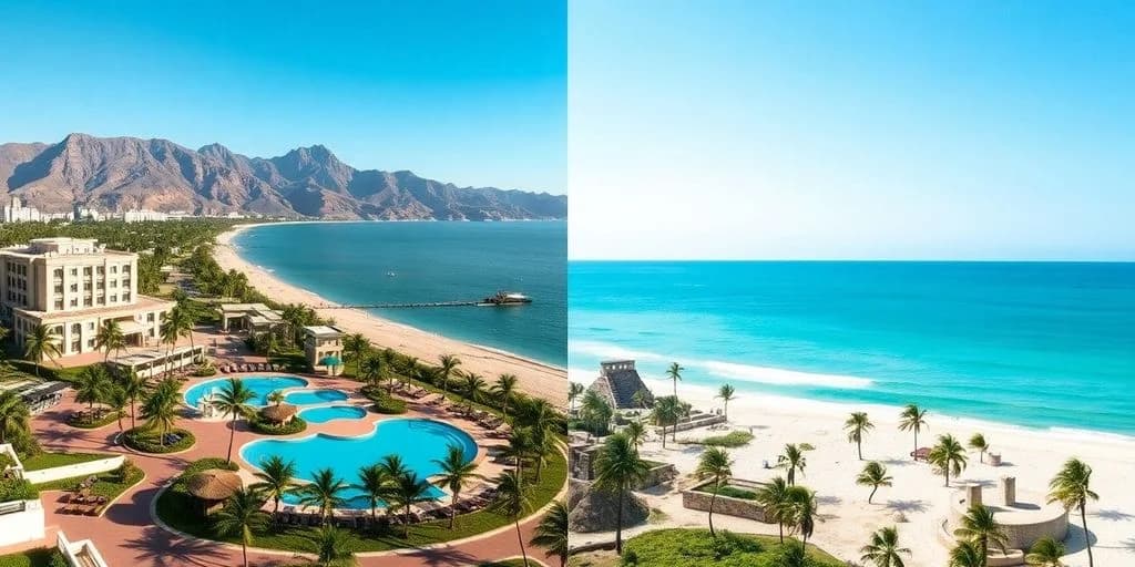 Split image at Cabo Resort Vs Tulum: What You Need to Know resort pool and beach ruins
