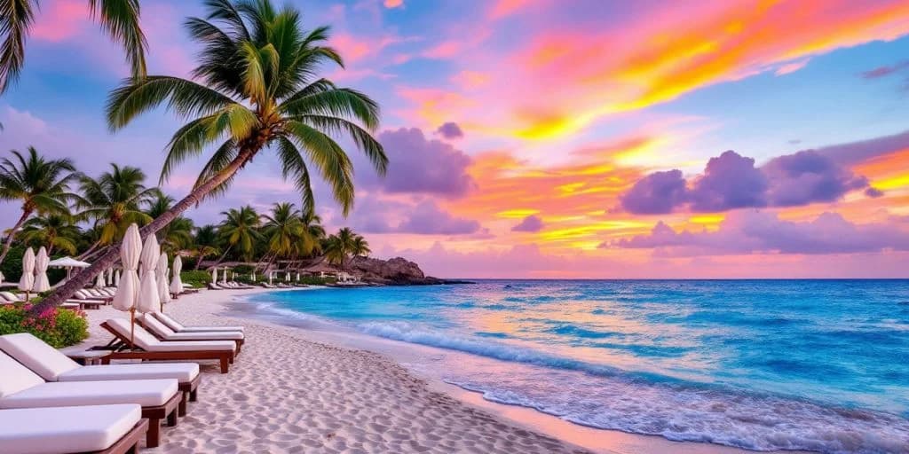 Tropical beach at Cabo Resorts That Will Make You Never Want to Leave at sunset, with palm trees
