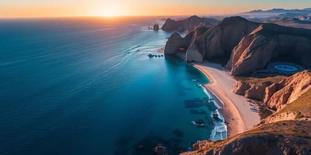 Coastal aerial at Cabo's Secrets Revealed Don't Miss Out! with cliffs, beaches, sunset light