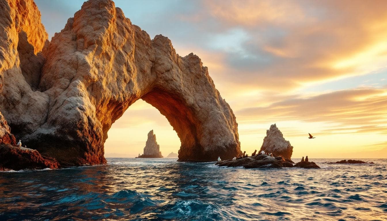 Rock arch at SJD Airport Guide: Your Complete Cabo San Lucas Airport Guide at sunset, with ocean waves