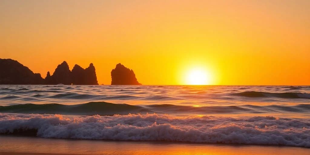 Ocean sunset at ¡Cabo San Lucas al descubierto: la aventura te espera! waves on beach, with rock