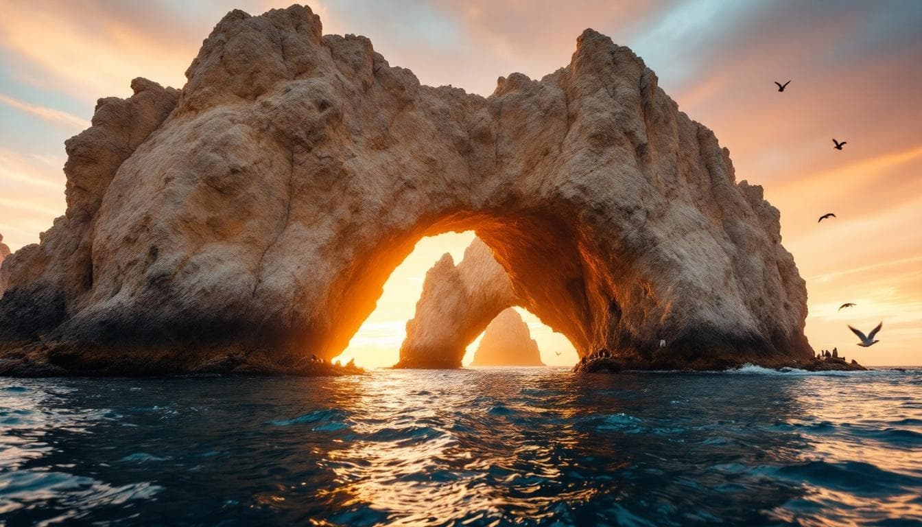 Rock arch at Cabo San Lucas ATV Tours: Your Guide to Desert & Beach Adventures at sunrise, with ocean waves