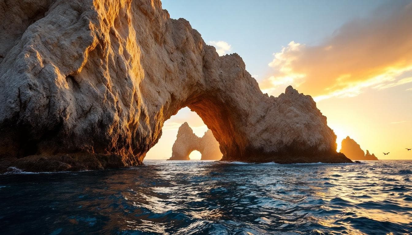 Rock arch at Cabo San Lucas Family Vacation: The Ultimate Parent's Guide at sunrise, with ocean waves