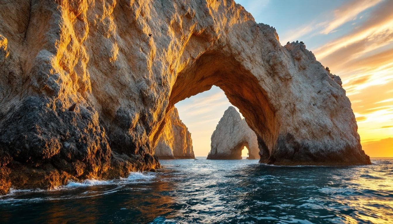 Rock arch at Cabo San Lucas Honeymoon: Your Perfect Romantic Getaway Guide at sunset, over ocean